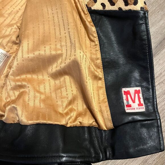 Scotch & Soda Womens Black Leather & Leopard Trim Biker Jacket NWOT Small - Picture 9 of 12